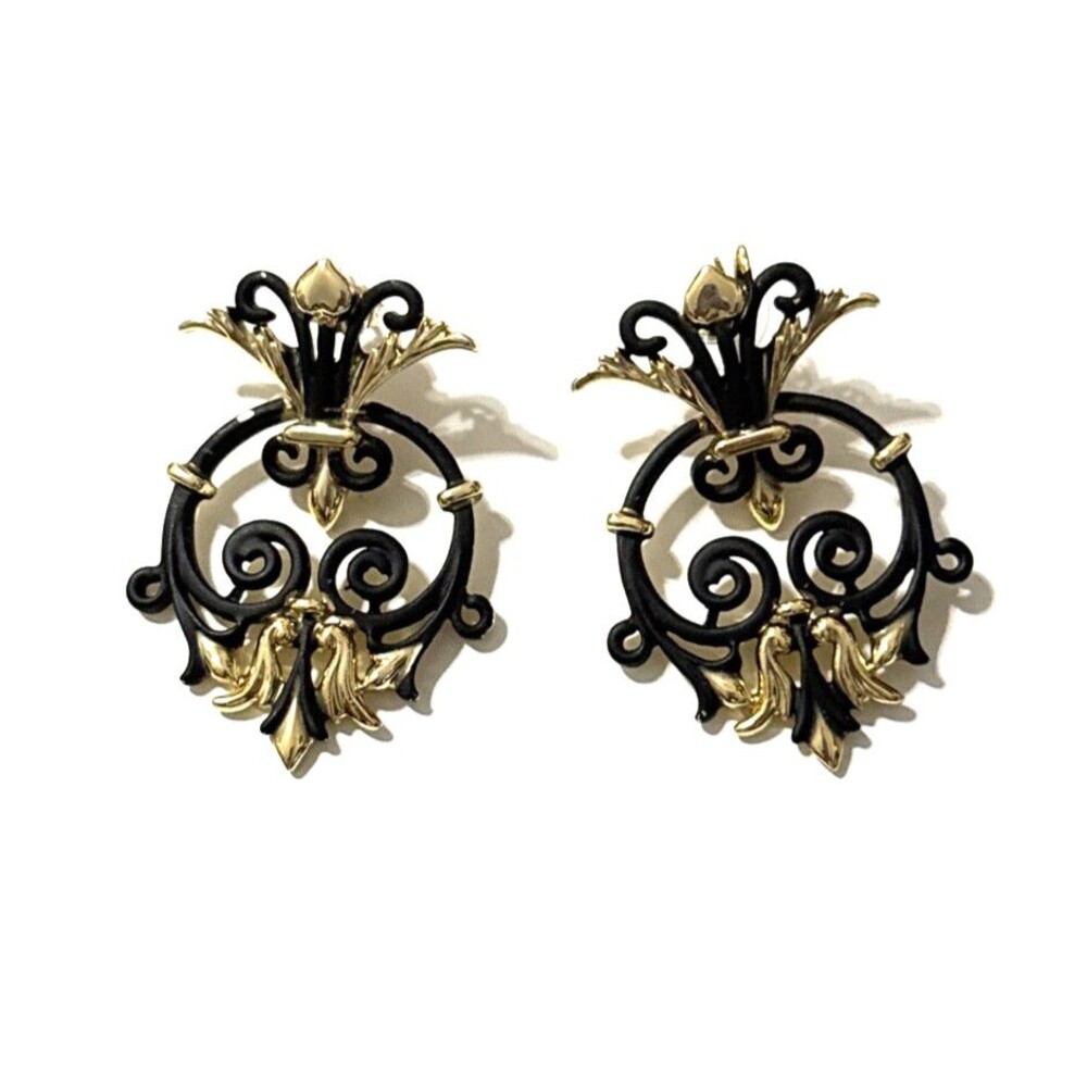 Vintage AJC Ornate Black Gold Tone Door Knocker Earrings Hinged Pierced 1 3/8"